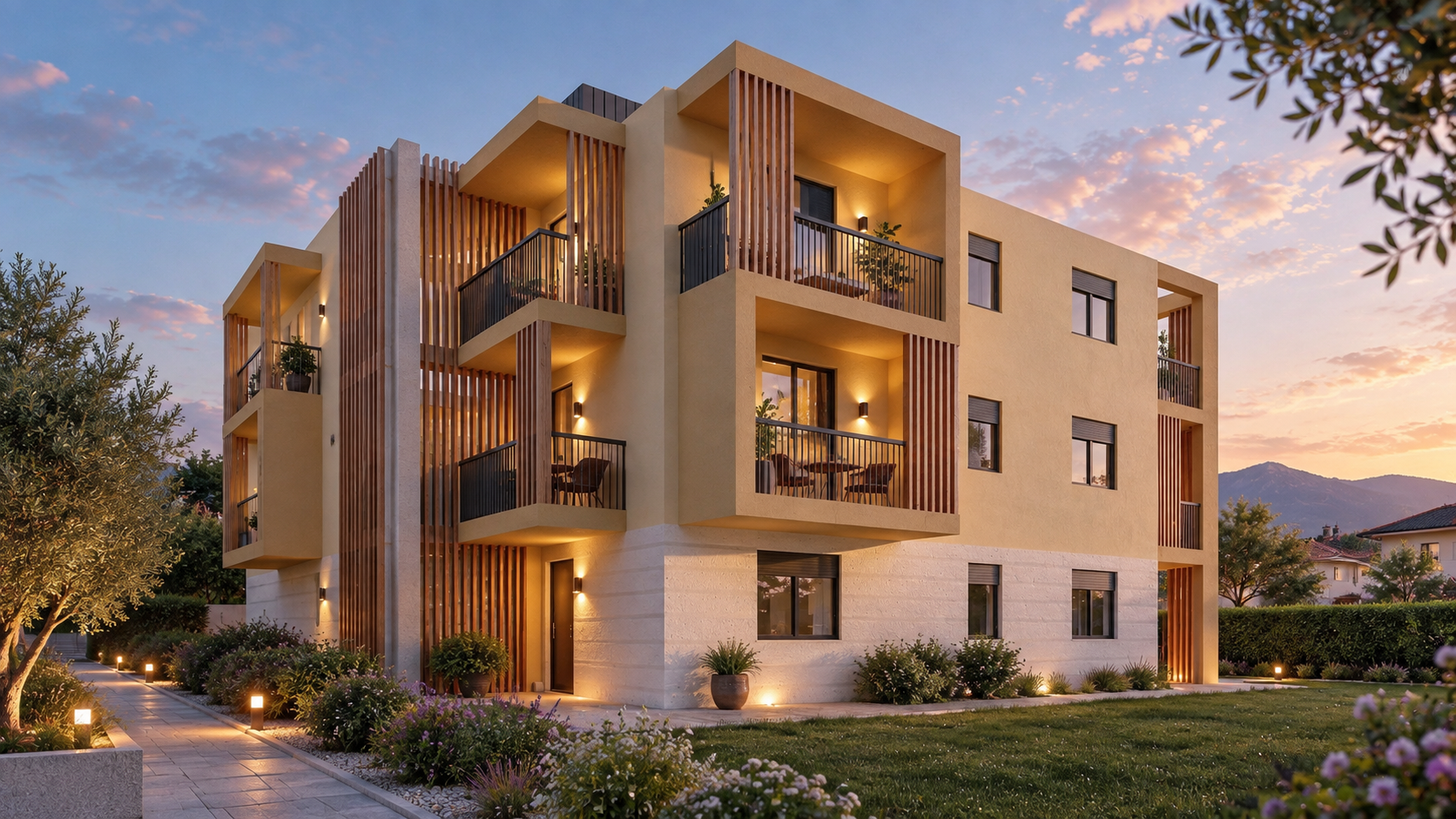 Render del Residence Loweneck al tramonto, vista d'angolo