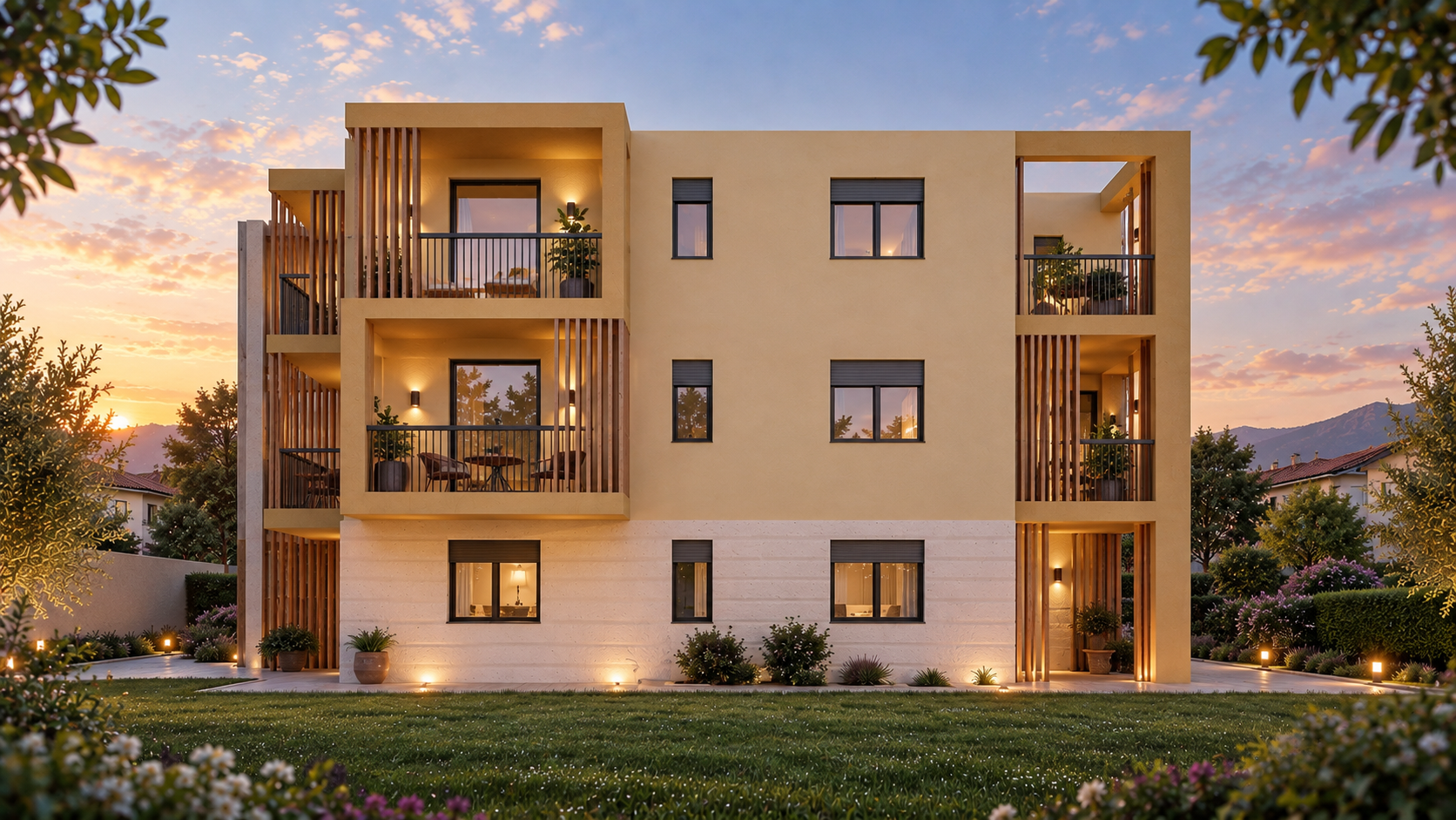 Render della facciata del Residence Loweneck al tramonto